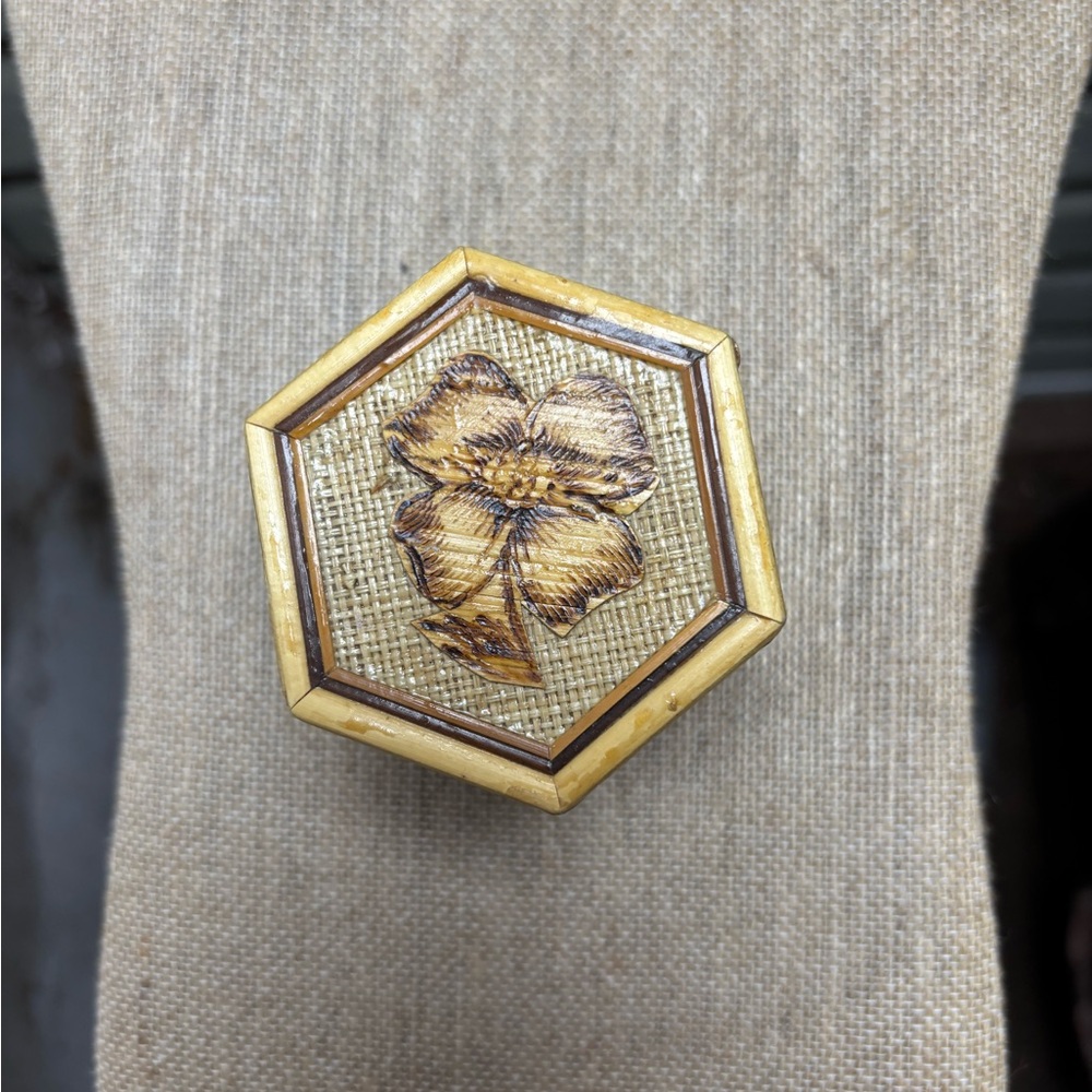 Hexagonal Wooden Floral Brooch